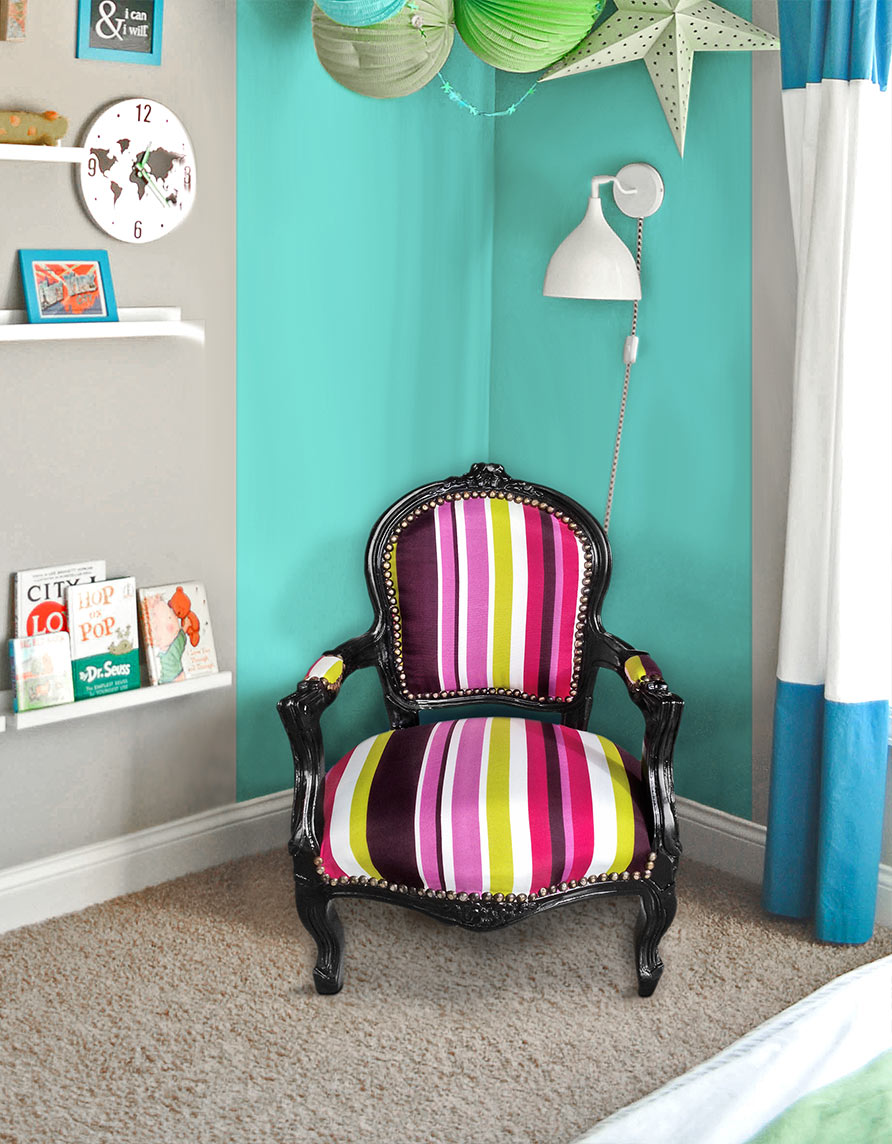 reading corner with a Louis XV style armchair child cloth striped multicolored cotton and black lacquered wood Royal Art Palace
